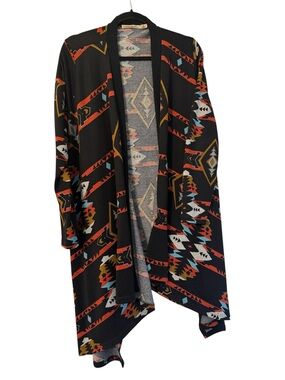 Open-Front Black Cardigan w Geometric Red, Aqua, White & Brown Accents